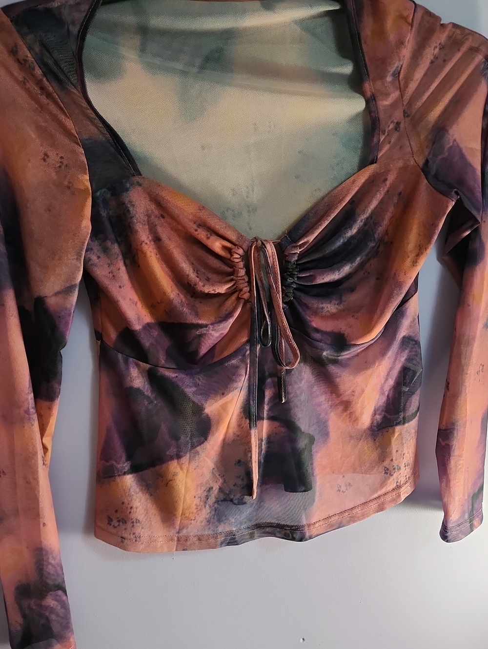 SHEIN Ruched Tie-Front Long Sleeve Top in Peach, Purple and Black Wash
